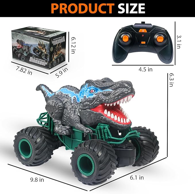 Dinosaur Remote Control Car, 2.4GHz RC Mega Monster Truck Toys for Toddlers, Dinosaur Toys with Light Sound Spray, Christmas and Birthday Gifts for 2 3 4 5 6 7 8-12 Kids Boys,All Terrain RC Cars
