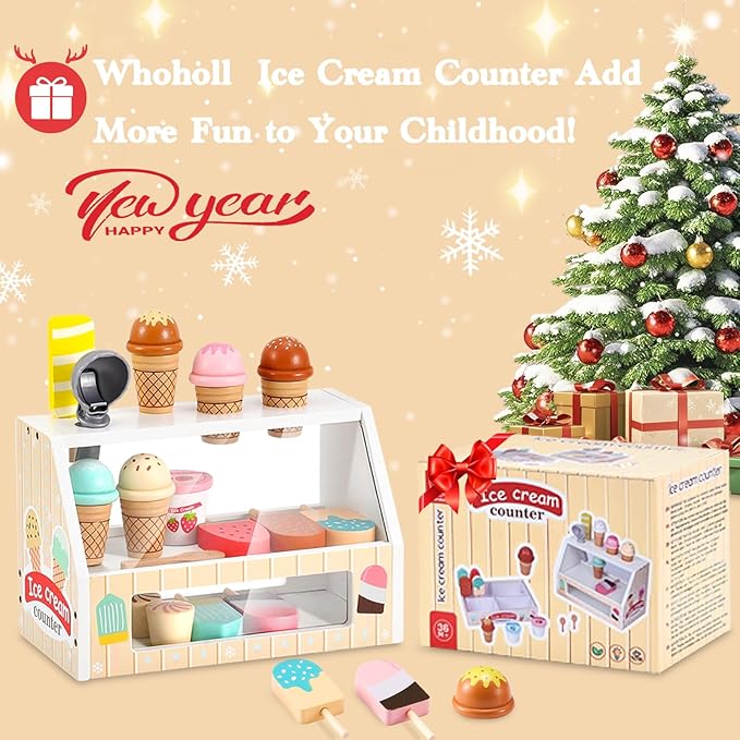Wooden Ice Cream Toys Kids Play Store Pretend Toy for Toddlers, Play Kitchen Accessories with Scoop & Menu & Fake Money, Ideal Ice Cream Play Set Gifts for 3 4 5 6 7 8 Year Old Girls Boys