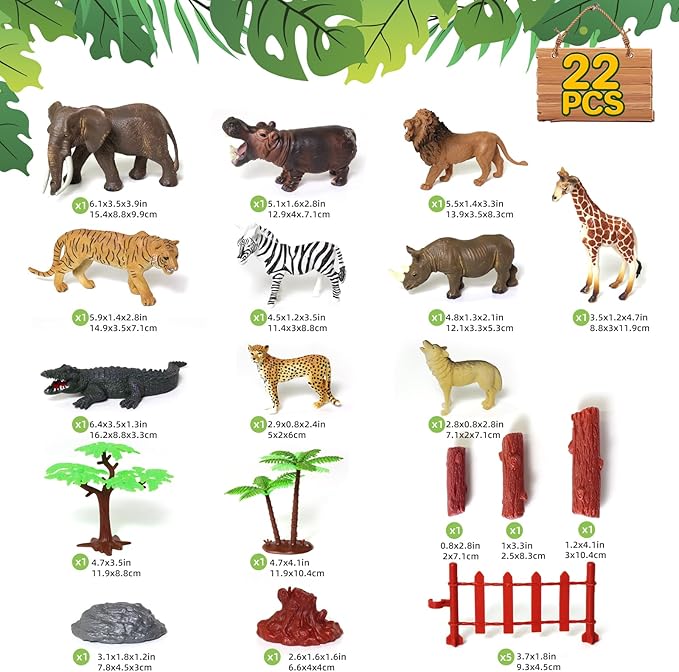 Safari Zoo Animals Figures Toys for Kids 3-5,Realistic Animal Figurines Playset with Fence for Toddlers, 22 PCS African Wild Jungle Plastic Toy Gift Set for Boys and Girls