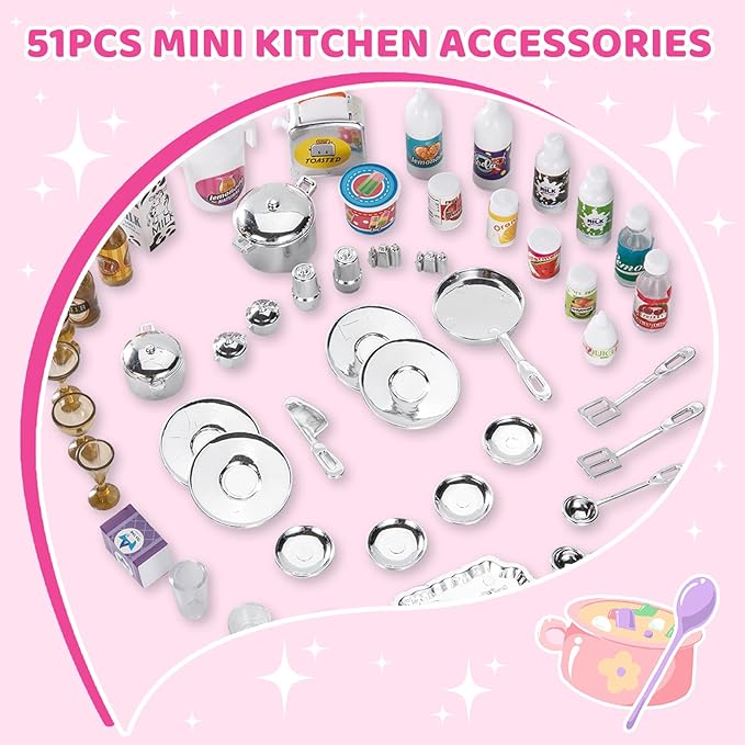 56PCS 5-in-1 Kids Kitchen & Dollhouse Playset – 51 Accessories & 5 Modular Setups, Realistic Lights & Sounds, Easy Assembly Pretend Cooking Toy for Girls Ages 3+
