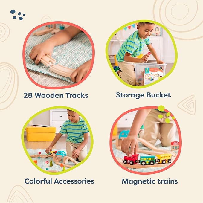 B. toys- Wood & Wheels Train Set- 47pc Wooden Train Set- Train Tracks & Accessories – Storage Bucket with Mountain Lid – Classic Toys for Toddlers, Kids – 3 Years +