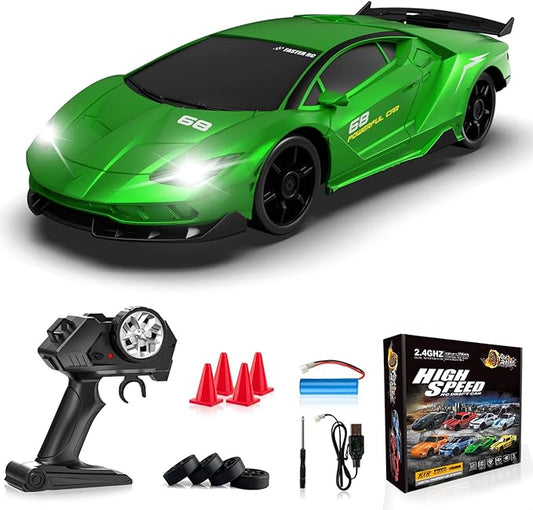 Remote Control Car, 1/24 Scale RC Drift Car, 4WD 15KM/H High Speed RC Cars, Racing Sport Toy Car with LED Lights, Racing Tire, Birthday for Kids Boys Girls, Rechargeable Battery