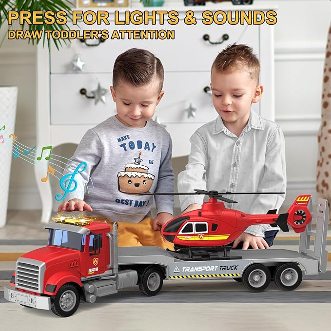 22" Semi Fire Truck Toy with Helicopter for Kids Toddlers - Fire Police Car Toys, Birthday for Boy Girl Child 3 4 5 6 7 Years Old