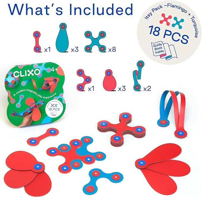 Clixo Itsy Magnetic Toy for Kids - Flexible, Durable, Imagination-Boosting Magnet Building Toy. Educational Multi-Sensory STEM Experience. Great as a Travel Game. Ages 4-99. 18 Piece Pack