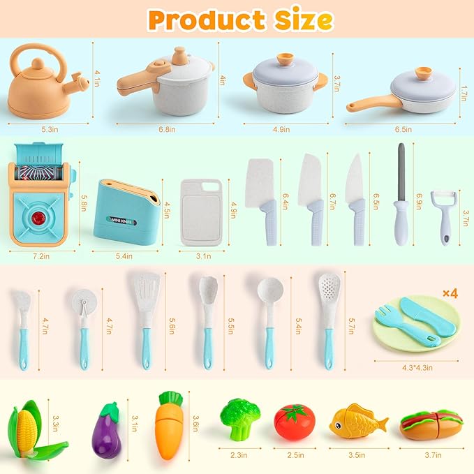 Kids Play Kitchen Accessories, 44PCS Toddler Pretend Play Cooking Playset with Cookware Pots, Pans, Cooking Utensils, Gas Stove with Sound & Light, Cuttable Toy Food Sets, Learning Gift for Girls Boys
