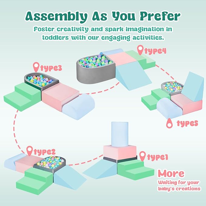Climbing Toys for Toddlers 1-3 Inside, Baby Foam Climbing Blocks with Ball Pit for Toddlers, 5-Piece Soft Play Climbing Blocks, Indoor Climb Crawl Activity Play Set, Birthday Gift (Balls not Included)