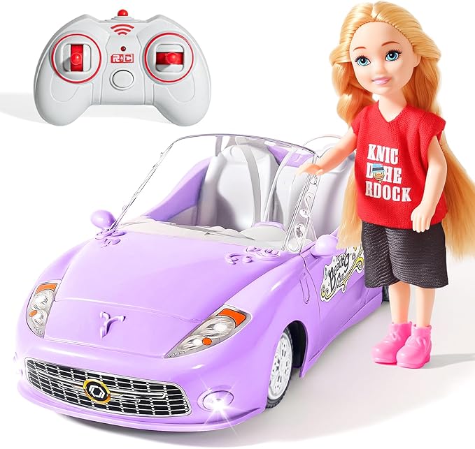 Remote Control Car for Girls 4-7, RC Car for Kids with Doll, 1:18 Scale 2.4Ghz Racing Car with Lights & Controller, Birthday for Grils