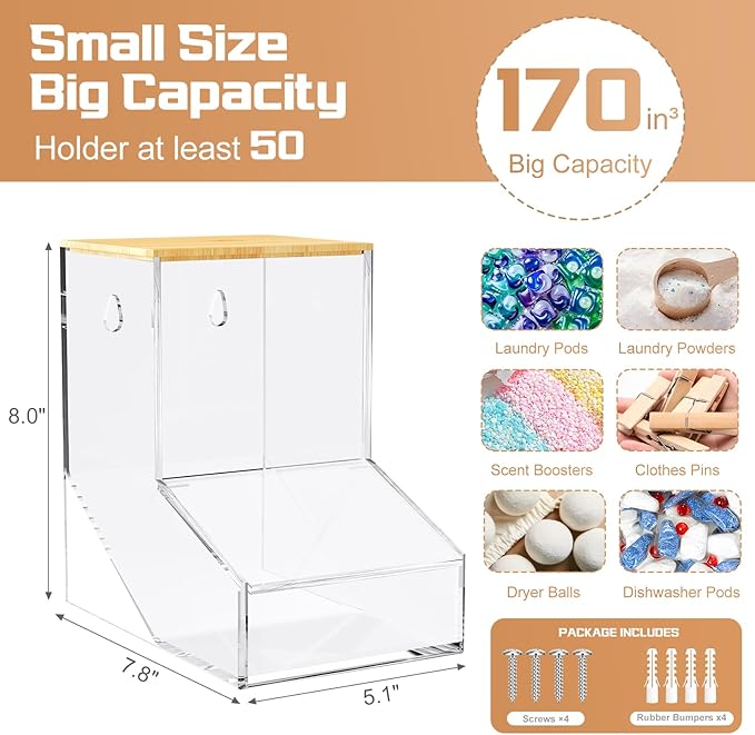 TCJJ Acrylic Laundry Pods Container & Dishwasher Pods Holder - Wall Mountable & Freestanding Dispenser with 2 Lids for Powder, Dryer Balls, Beads - Sturdy 3mm Clear Acrylic Design Fits Any Home Decor