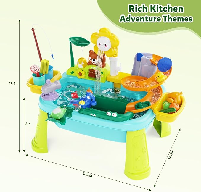 Water Table for Toddlers 1-3, Water Table for Kids Ages 4-8 with Pump, Sensory Tables with Play Vegetables, Tableware & Fishing Game, Outdoor Toy Summer Beach for Kids Boys Girls Age 3 4 5 6 7 8