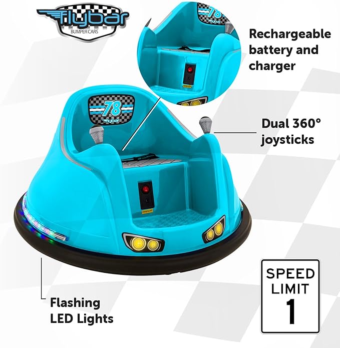 Flybar FunPark 6V Bumper Car – 360° Electric Ride-On Toy with LED Lights, Safety Seat Belt, Soft Bumpers – Indoor & Outdoor Bumper Car for Kids Ages 1.5-4 Years, Supports Up to 66 lbs (No Remote)