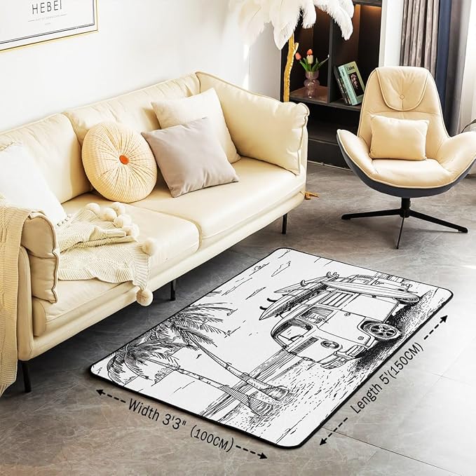 Erosebridal Camping Van Area Rug 3x5 Summer Vacation Rug for Adults Kids Hand Drawn Ocean Beach Palm Tree Carpet Surfboard Tropical Coastal Bedroom Non Shedding Accent Rug