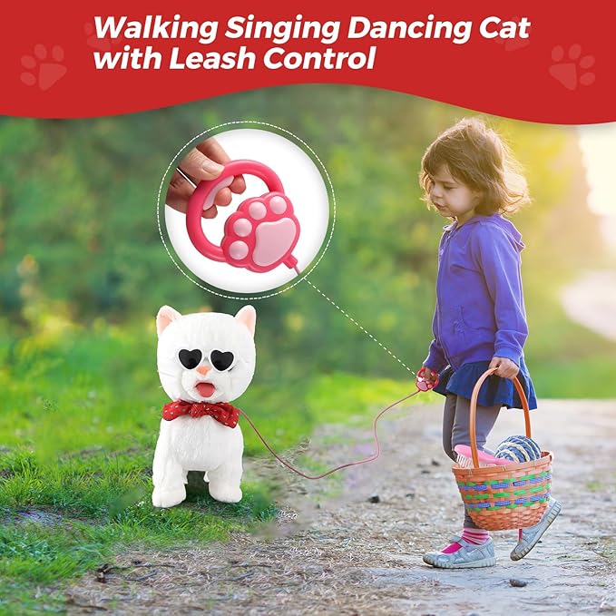 White Leash Walking Cat Set Toy Interactive Talking Cat Singing Dancing Kitten Mimicking Repeat What You Say Kitty Touch and Voice Control Nodding Wagging Tail Plush Electric Robot for Kid Girl