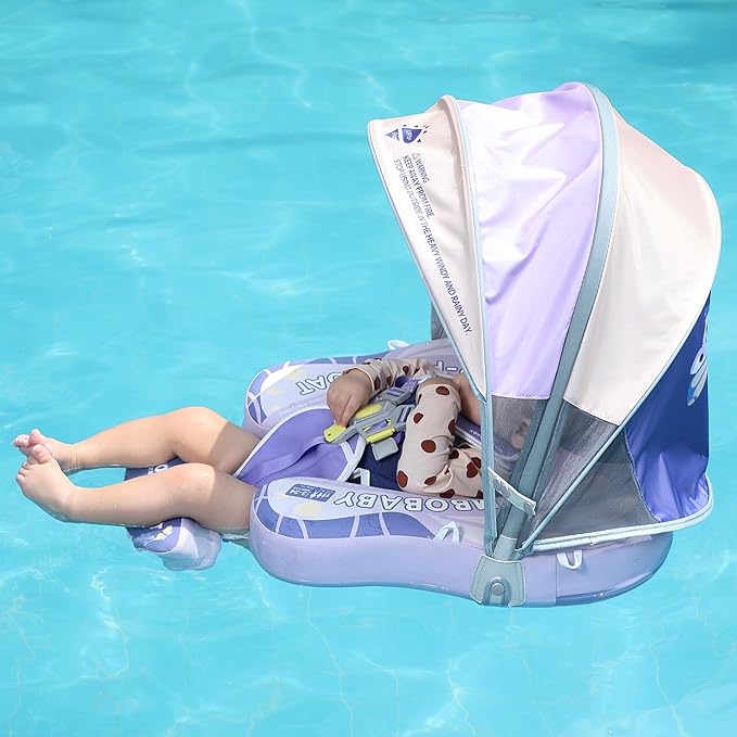 Mambobaby Float Add Tail Baby Swim Float with Canopy Solid Pool Infant Swim Trainer Swimming Training Lying Air Free Water Floats Non-Inflatable Waist Swim Ring for Toddlers (Butterfly-Purple)