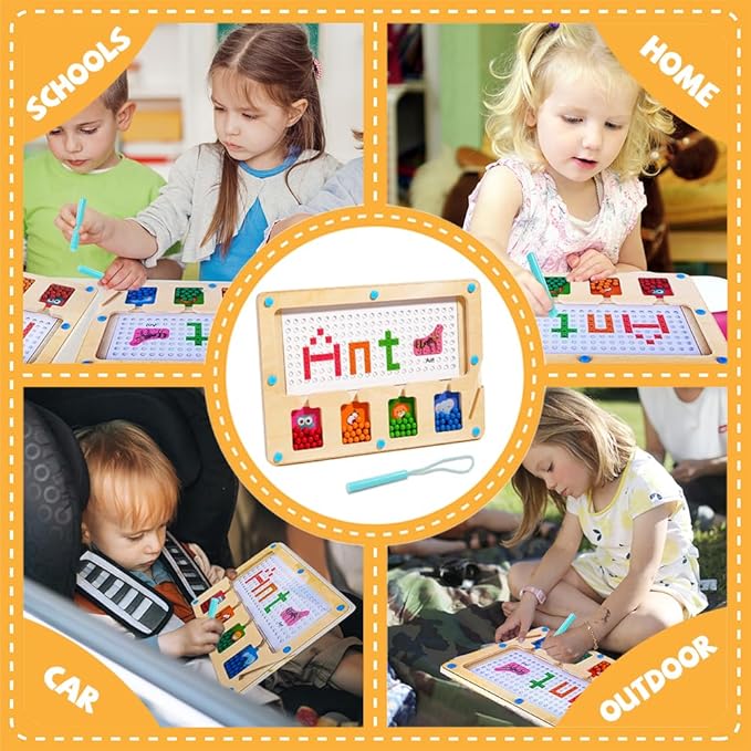 Magnetic Dot Board for Kids, Airplane Toys Car Travel Activities for Toddlers, Wooden Doodle Board with Beads and Pen, Early Learning Montessori Art Toddler Toys