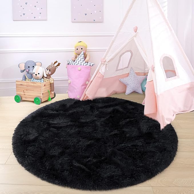 junovo Round Rug 6x6 Feet Fluffy Soft Area Rugs for Kids Girls Room Princess Castle Plush Shaggy Carpet Cute Circle Nursery Rug for Kids Teen's Bedroom Home Decor Large Circular Carpet, Black