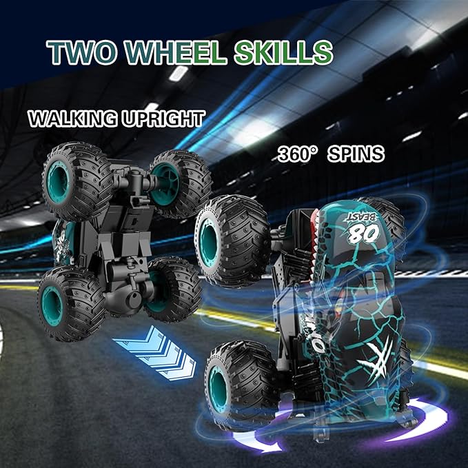 Jumping Monster Truck Toy, 2.4GHz Remote Monster Trucks for Boys 4-6, Dinosaur Monster RC Truck, 2 Rechargeable Batteries, 3 Lighting and Music, Rotate 360 °, Drift, Green Remote Control Car