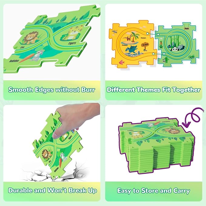 Plastic Floor Puzzles for Kids with 2 Cute Vehicles, Puzzle Racer Kids Car Track Set, Montessori Toys for 3 4 5 6 Year Old Boys, Gifts for 3 4 5 6 Year Old Boys, Toys for Ages 2-4