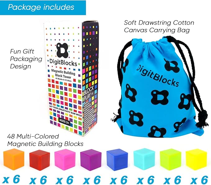 Magnetic Building Blocks for Kids 48PCS STEM Montessori Magnet Cubes in Bright Colors Educational Construction Toy Set Boys Girls Ages 3-9