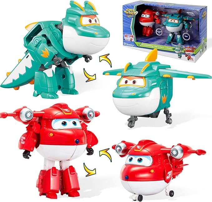 Super Wings Transformable Toys, 5 in Jett and Tino Dinosaur Airplane Transforming Figures Toys Set, 2 in 1 Mode Rescue Bots Toys for 3-5 Year Old Boys Girls, Plane Toys for Toddlers Kids Age 3 4 5 6