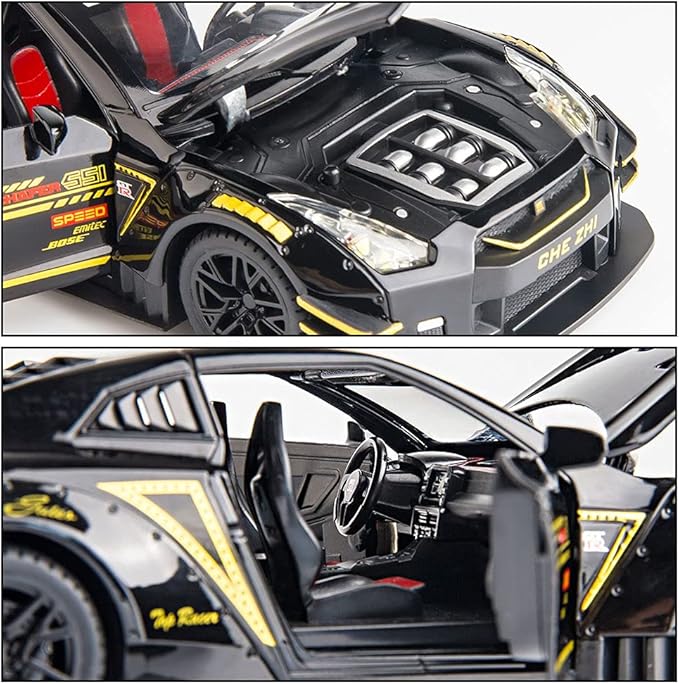 BDTCTK 1/24 Scale Compatible for Nissan GTR Model Car Toy, Zinc Alloy Pull Back Toy car with Sound and Light for Kids Boy Girl Gift (Black)