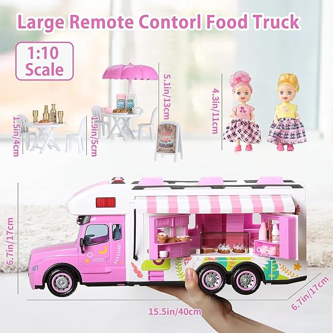 Carox Remote Control Car for Girls Food Truck Toy Playset,Pink Remote Control Food Truck with Food Set, Dolls and Tableware Set,Best Gift for 4-9 Years Old Girls, Birthday (Rose red)