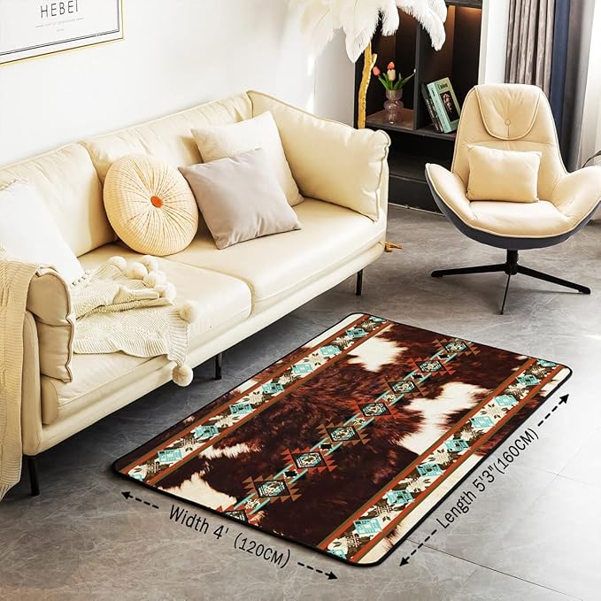 Erosebridal Cowhide Area Rug 4x5, Brown Highland Cow Print Rug, Western Rugs Exotic Aztec Carpet for Bedside, Farmhouse Wild Animals Longhorn Skin Cowboys Indoor Floor Mat for Men