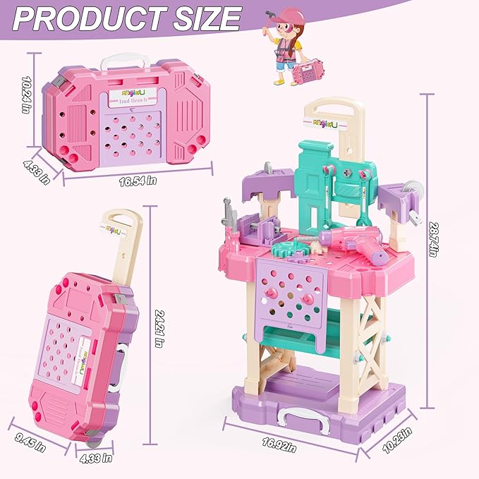 Kids Tool Bench Set,MAGIC4U 89PCS Toddler Tool Workbench with Electirc Drill 12 Tools Equipement,Safety Vest & Hat,Pretend Play Kids Construction Toys Gift for Girls Boys Age 3,4,5,6,7,8
