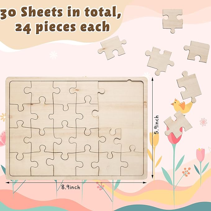 Deekin 30 Sheets Unfinished Wood Blank Puzzles Customizable Blank Wooden Pieces Freeform Things to Paint, Write and Draw On, Wooden Jigsaw Puzzles for Kids DIY Craft, 8.9 x 5.9 Inch