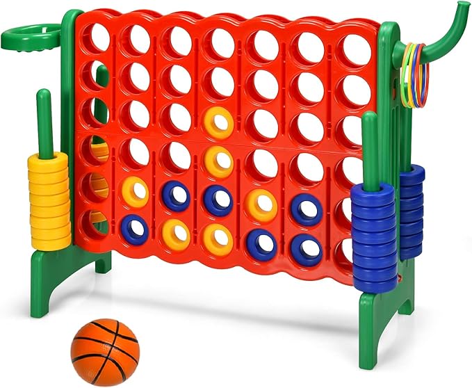 Costzon Giant 4-in-A-Row, Jumbo 4-to-Score Giant Game w/Basketball Hoop, Ring Toss, Quick-Release Slider, 42 Jumbo Rings, Indoor Outdoor Family Connect Game for Kids & Adults, Backyard Games, Green