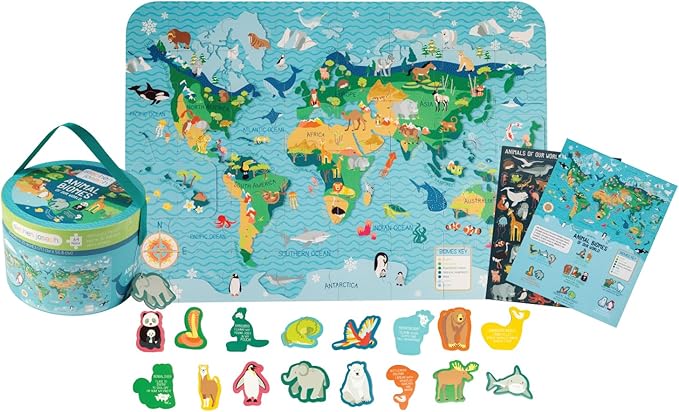 Stephen Joseph, World Map Puzzle Animal Biomes with 3D Animal Pieces – Includes 16 Play Pieces with Fun Facts and Stands, Includes 8.5 x 11 Poster, Jigsaw Puzzle for Girls & Boys 3+ Years