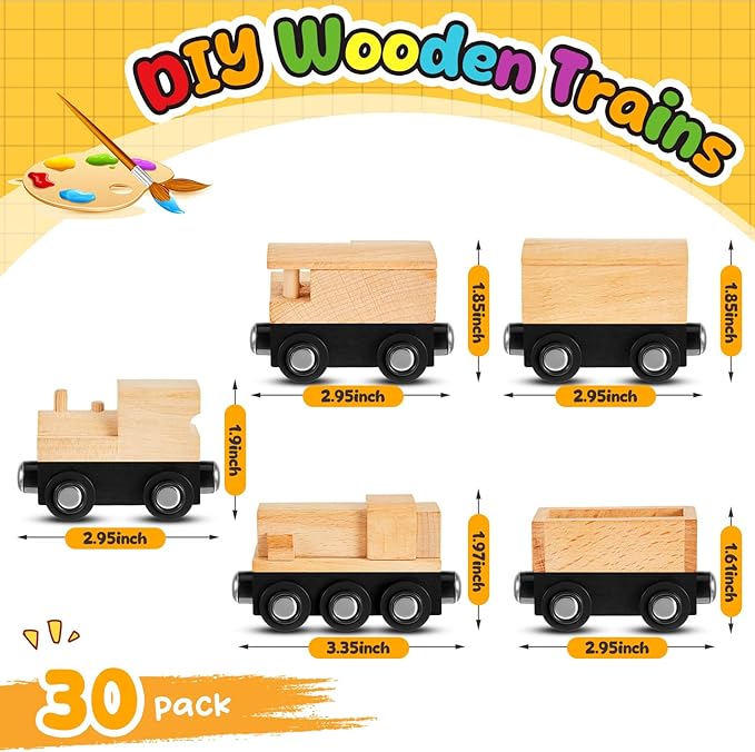 30 Pcs Vivid Unfinished DIY Wooden Trains 5 Styles Unpainted Cars Toys for Railway Paint Project Wood Trains for Birthday Party Theme Decorations Crafts Supplies