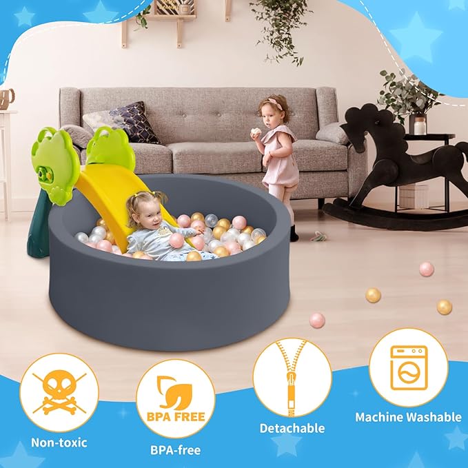 Baby Ball Pit 35.4" Soft Round Memory Foam Ball Pits NOT Included Balls Indoor Outdoor Playpen for Babies Toddlers Kids Great Gift for Girls Boys, Dark Gray