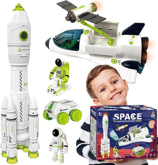 Space Rocket Shuttle Toy Set, Spacecraft Airplane Toys for Kids with Lights & Sound & Astronaut Figures,Spaceship Toys Gift for Boys 3-5-8