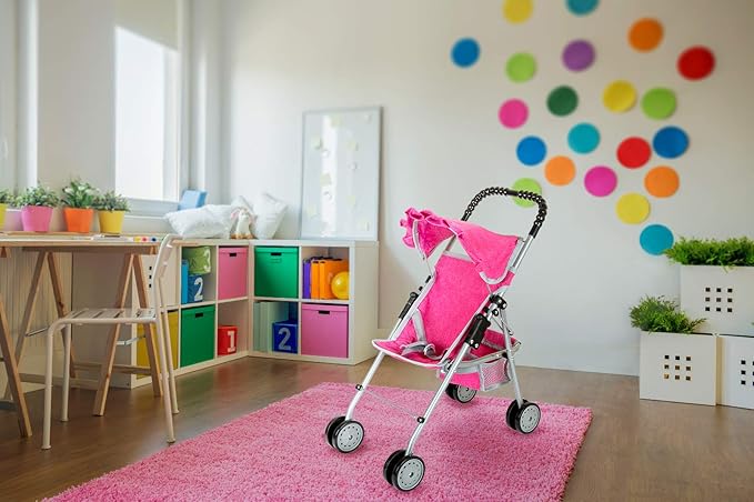fash n kolor Doll Stroller with Basket, My First Denim Pink Foldable Baby Doll Umbrella Doll Stroller Fits Upto 18" Dolls, Gift Toys for Girls,Baby Doll Accessories Include 2 Free Magic Bottles
