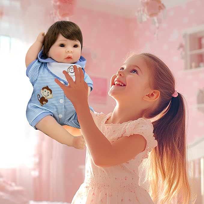 Aori Lifelike Reborn Baby Dolls Blue Bassinet 18 inch Realistic Newborn Boy Doll with Weighted Soft Body with 8 Piece Monkey Toy Carrier Bed Set