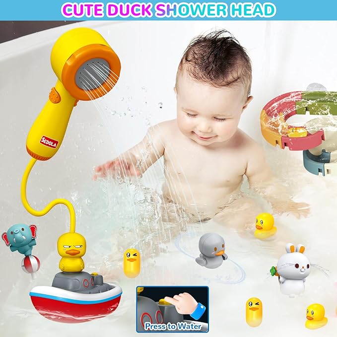 Mostop Toddler Bath Toys, Baby Bathtub Toys with Slide Track and Duck Shower Sprays, 2 Ducks, 4 Balls, 1 Boat, 3 Water Spraying Animal Toys, Fun Bathtub Toys Gift for Kids Age 4-8