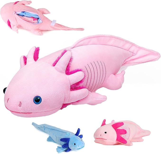 Simulation Pink Axolotl Plush Toy, Cute and Soft Zippered Blue Axolotl Set Stuffed Animal Plush Toys for Kids Boys and Girls Gifts, Room Decor