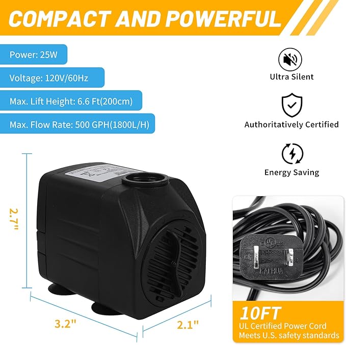 Durable Water Table Pump, Ultra Quiet Water Pump for Water Table, Outdoor Water Game Toys for Kids, Splash Pond Water Table Accessories, 25W Black