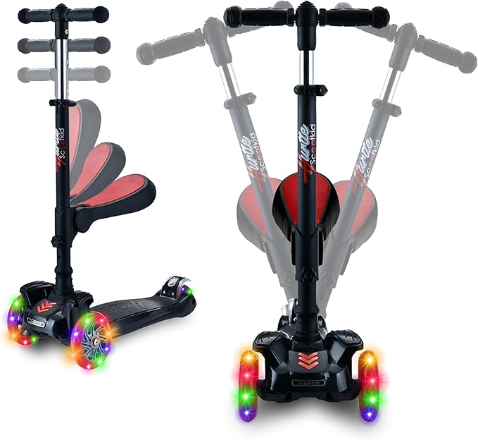 Hurtle 3-Wheeled Scooter for Kids - Wheel LED Lights, Adjustable Lean-to-Steer Handlebar, and Foldable Seat - Sit or Stand Ride with Brake for Boys and Girls Ages 1-14 Years Old