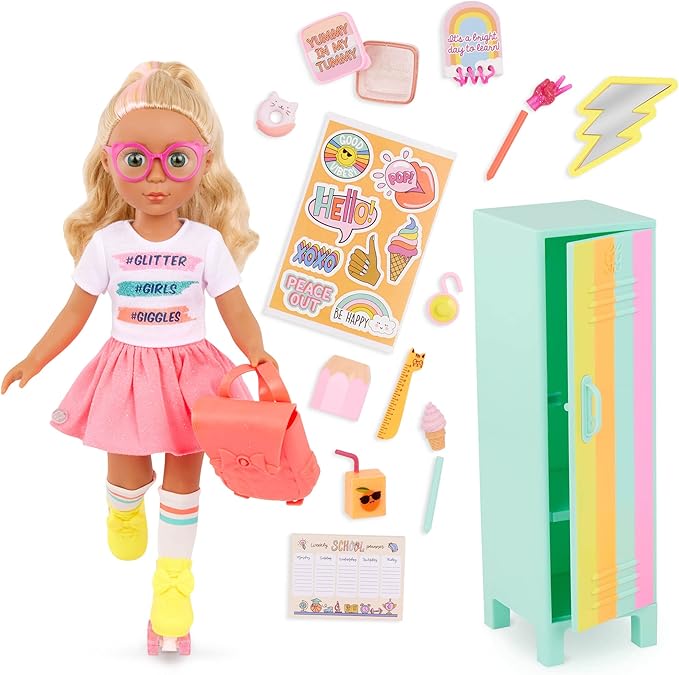 Glitter Girls – 14-Inch Poseable Doll Set – Blonde Hair & Green Eyes – School Locker, Roller Skates & Accessories – Toys for Kids 3 Years+ – Sunnie & GG School Locker Playset