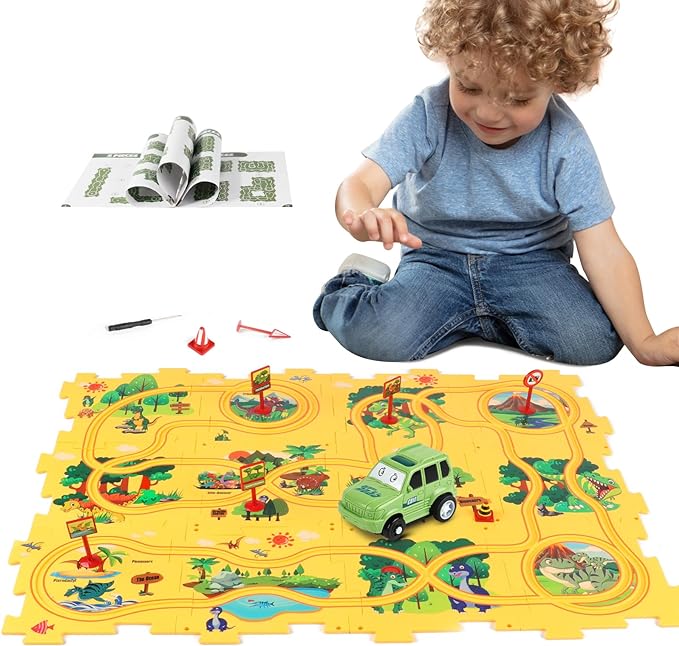 Plastic Floor Puzzles for Kids Ages 3-5, Puzzle Track Car Play Set, Educational Montessori Toys for 3 4 5 6 Year Old Boys, 3 4 5 6 Year Old Boy Birthday Gift, Boy Toys Age 3