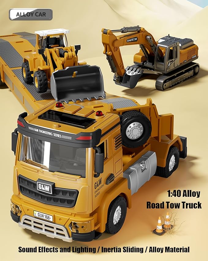 Junbinwon&NP Engineering Construction Truck Toy Vehicle Semi Truck, Excavator, Bulldozer, Alloy Engineering Construction Vehicles Truck Toys w/Lights & Sounds, Model Cars Kids Toys for Boys and Girl