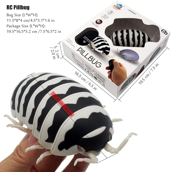 Tipmant RC Bug Remote Control Worm Realistic Pillbug Electronic Animal Prank Toy Insect Car Vehicle Kids Birthday Gifts (Black & White)