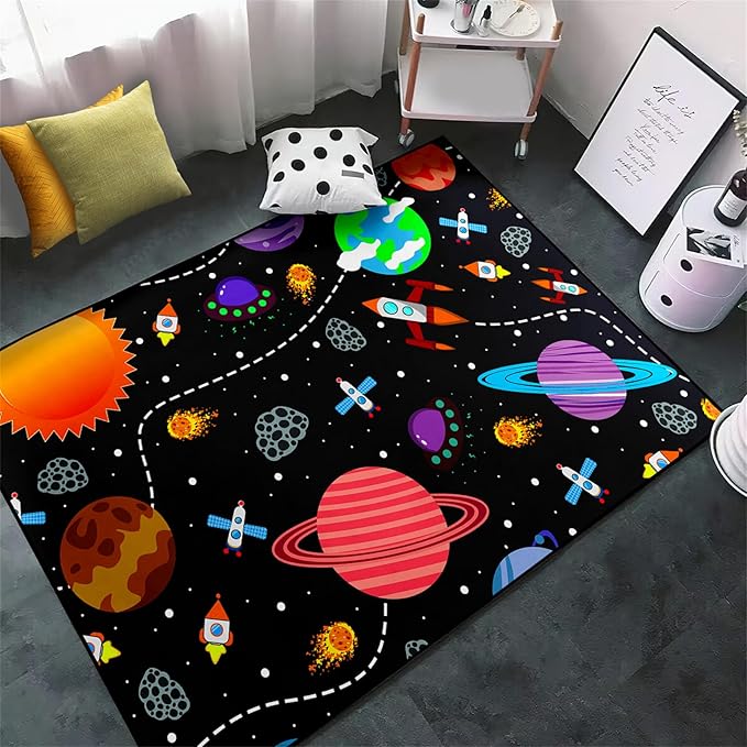 Space Rug for Boys Room - 4'5''×6' Outer Space Area Rug for Boys Bedroom Lived Room Cartoon Universe Theme Home Kids Rugs