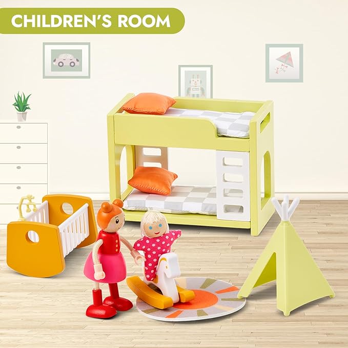 Giant bean 21pcs Wooden Plastic Dollhouse Furniture Set, Patio and Babyroom Set, Green Dollhouse Accessories Pretend Play Furniture Toys for Boys Girls Kids & Toddlers 3 4 5 6 Years up