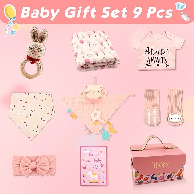 Baby Girl Gifts,Baby Gifts for Girls,Newborn Baby Gifts for Girls,Baby Shower Gifts for Girl,Newborn Baby Girls Gift Basket,Unique Pink Newbaby Gift Set (9pcs)