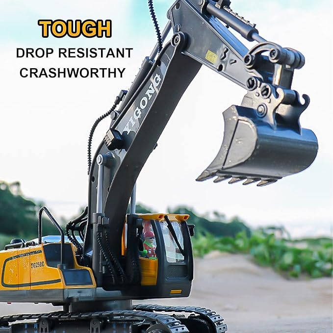 Remote Control Excavator 11 Channel RC Excavator Truck Toys 1/20 Scale 2.4Ghz Construction Vehicles with Metal Shovel 680° Rotation for Kids Boys Age 4-7 8 9 10 Year Old (Yellow)
