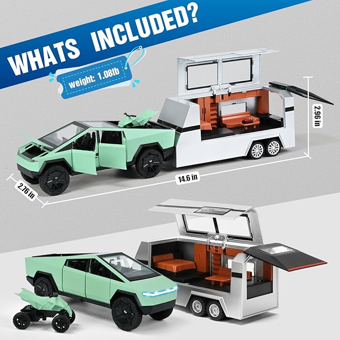 INGQU® Toy Car Alloy Diecast Pick-up Truck Model with RV & Motorcycle with Sound and Light Race Car Display Model Metal Pull-Back Vehicle 3-in-1 Camping Car Set Ideal Gift for Boys Kids Age for 3+