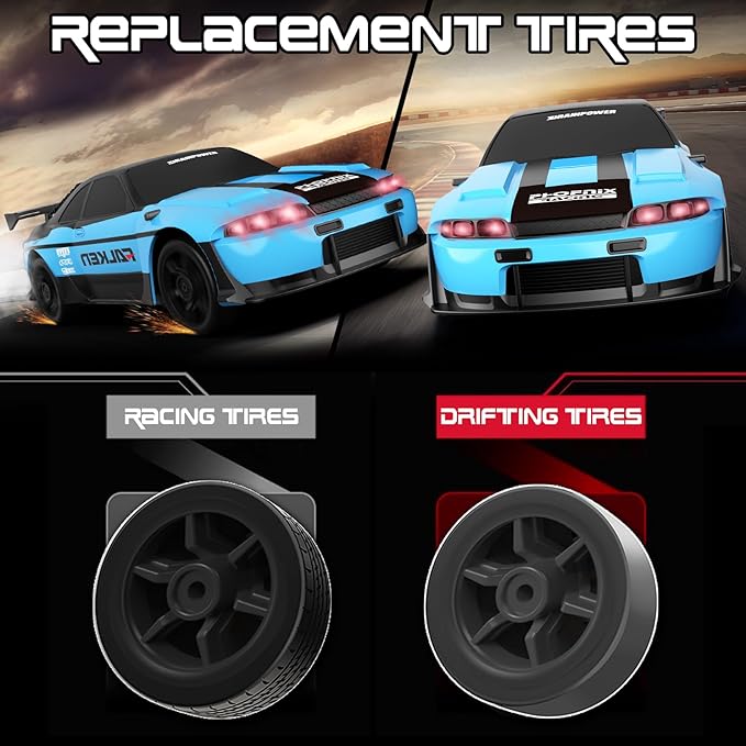 Remote Control Car, 1/24 Scale RC Drift Car, 4WD 15KM/H High Speed RC Cars, Racing Sport Toy Car with LED Lights, Racing Tire, Birthday for Kids Boys Girls, Rechargeable Battery