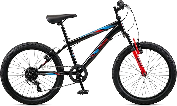 Cavern Mountain Bike for Youth or Adult Boys Girls, 7 or 21-Speed Twist Shifter Options, 20/24/26-Inch Wheels, 11 to 17.5-Inch Steel Frame, Front Suspension, Kickstand Included